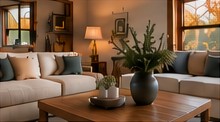 Warm mountain living room with sofa and wood beams
